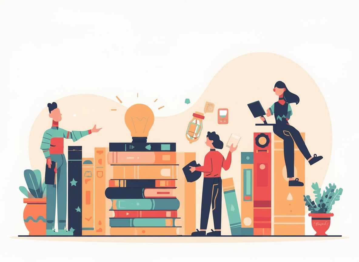 Illustration of authors gathered around a stack of books, representing the author's journey from idea to market